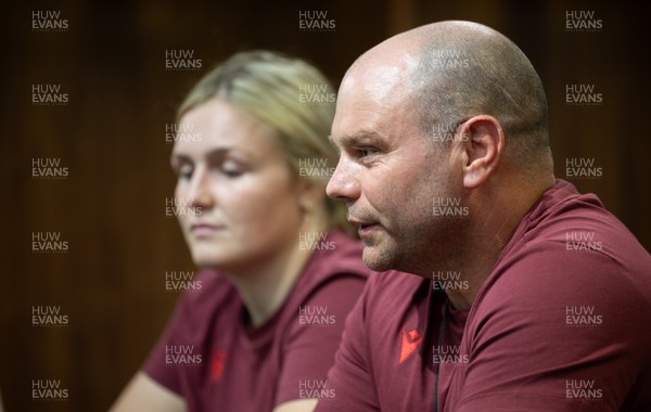 120825 - Wales Women Rugby World Cup Media Conference - Co captain Alex Callendar with Sean Lynn, Wales Women head coach, during a media conference at The Principality Stadium ahead of the Rugby World Cup
