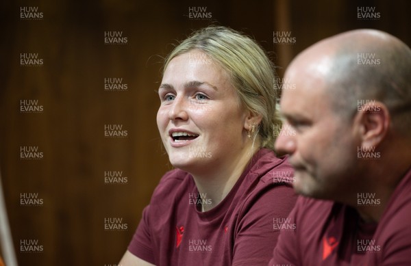 120825 - Wales Women Rugby World Cup Media Conference - Co captain Alex Callendar with Sean Lynn, Wales Women head coach, during a media conference at The Principality Stadium ahead of the Rugby World Cup