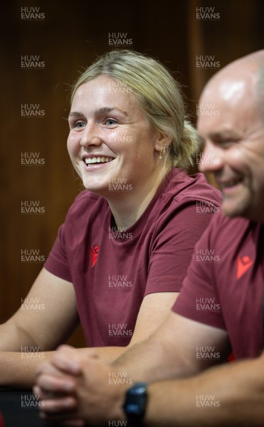 120825 - Wales Women Rugby World Cup Media Conference - Co captain Alex Callendar with Sean Lynn, Wales Women head coach, during a media conference at The Principality Stadium ahead of the Rugby World Cup