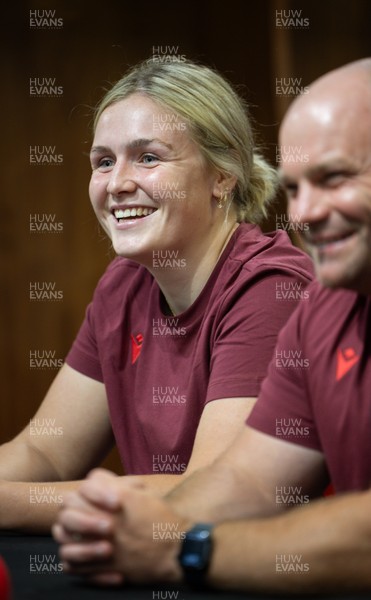 120825 - Wales Women Rugby World Cup Media Conference - Co captain Alex Callendar with Sean Lynn, Wales Women head coach, during a media conference at The Principality Stadium ahead of the Rugby World Cup