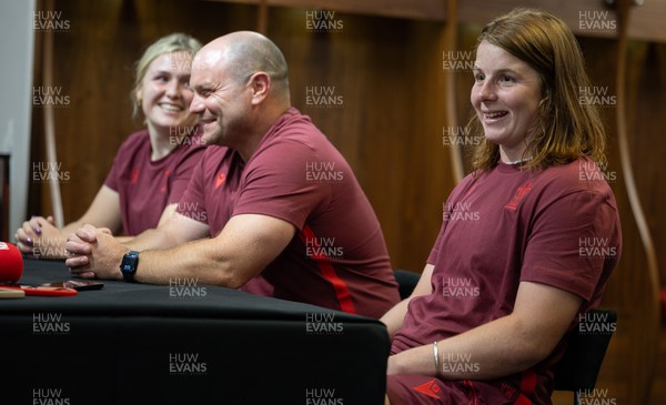 120825 - Wales Women Rugby World Cup Media Conference - Co captains Alex Callendar, left and Kate Williams with Sean Lynn, Wales Women head coach, during a media conference at The Principality Stadium ahead of the Rugby World Cup