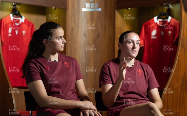 120825 - Wales Women Rugby World Cup Media Conference - Sisters Branwen Metcalfe and Nel Metcalfe during a media conference at The Principality Stadium ahead of the Rugby World Cup