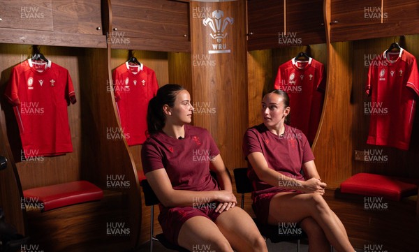 120825 - Wales Women Rugby World Cup Media Conference - Sisters Branwen Metcalfe and Nel Metcalfe during a media conference at The Principality Stadium ahead of the Rugby World Cup