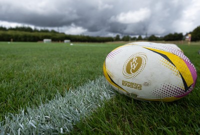 020925 - Wales Women RWC Rugby Training session - A match ball for the Womens Rugby World Cup during a Wales rugby training session ahead of their final Women’s Rugby World Cup match against Fiji