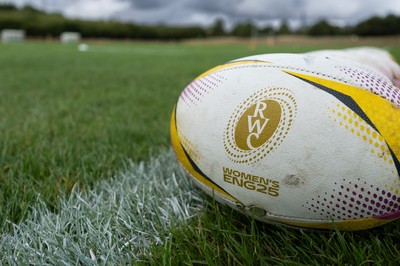 020925 - Wales Women RWC Rugby Training session - A match ball for the Womens Rugby World Cup during a Wales rugby training session ahead of their final Women’s Rugby World Cup match against Fiji