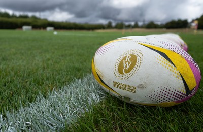 020925 - Wales Women RWC Rugby Training session - A match ball for the Womens Rugby World Cup during a Wales rugby training session ahead of their final Women’s Rugby World Cup match against Fiji