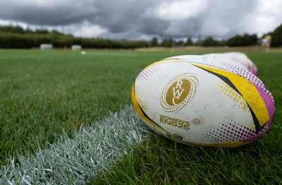 020925 - Wales Women RWC Rugby Training session - A match ball for the Womens Rugby World Cup during a Wales rugby training session ahead of their final Women’s Rugby World Cup match against Fiji
