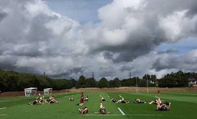 020925 - Wales Women RWC Rugby Training session - The Wales squad warm up during rugby training session ahead of their final Women’s Rugby World Cup match against Fiji