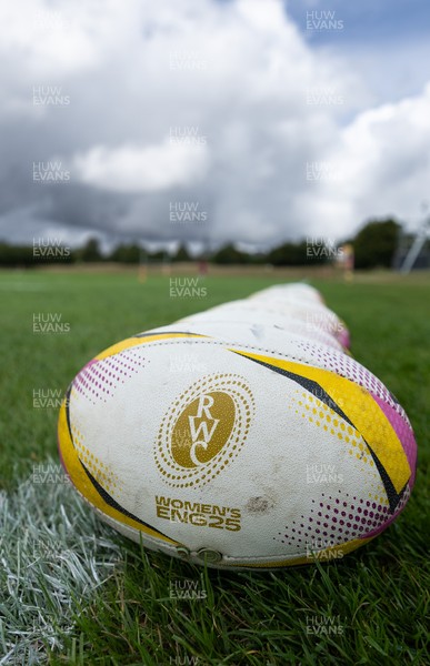 020925 - Wales Women RWC Rugby Training session - A match ball for the Womens Rugby World Cup during a Wales rugby training session ahead of their final Women’s Rugby World Cup match against Fiji