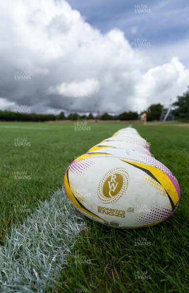 020925 - Wales Women RWC Rugby Training session - A match ball for the Womens Rugby World Cup during a Wales rugby training session ahead of their final Women’s Rugby World Cup match against Fiji