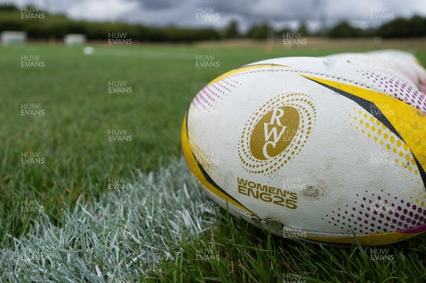 020925 - Wales Women RWC Rugby Training session - A match ball for the Womens Rugby World Cup during a Wales rugby training session ahead of their final Women’s Rugby World Cup match against Fiji