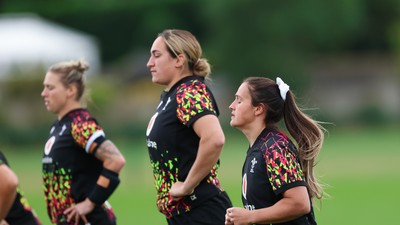 190825 - Wales Women Rugby World Cup Training Session - Keira Bevan, Courtney Keight and Kayleigh Powell during a Wales training session ahead of their first Women’s Rugby World Cup match against Scotland