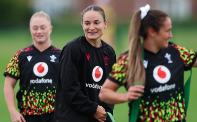 190825 - Wales Women Rugby World Cup Training Session - Jasmine Joyce, with Seren Lockwood] and Kayleigh Powell during a Wales training session ahead of their first Women’s Rugby World Cup match against Scotland