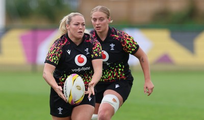 210825 - Wales Women Rugby World Cup Training Session - Kelsey Jones and Tilly Vucaj during a Wales training session ahead of their first Women’s Rugby World Cup match against Scotland