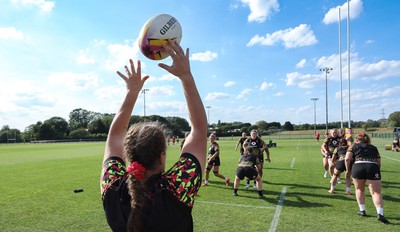 250825 - Wales Women Rugby World Cup Training Session - Carys Phillips prepares a line out throw during a Wales training session ahead of their Women’s Rugby World Cup match against Canada