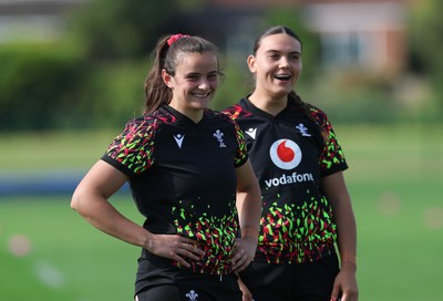 260825 - Wales Women Rugby World Cup Training Session -  Branwen Metcalfe, left and Bryonie King during a Wales training session ahead of their Women’s Rugby World Cup match against Canada