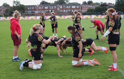 280825 - Wales Women Rugby World Cup Training Session - Wales run through scrummaging training during a Wales rugby training session ahead of their Women’s Rugby World Cup match against Canada