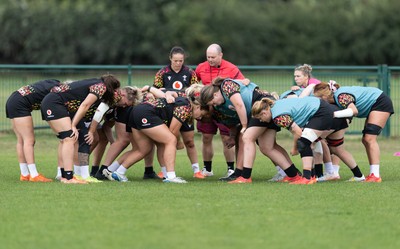 280825 - Wales Women Rugby World Cup Training Session - Wales scrum down during a Wales rugby training session ahead of their Women’s Rugby World Cup match against Canada