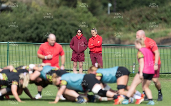 280825 - Wales Women Rugby World Cup Training Session - Dr Gwennan Williams, Wales Women team doctor and Jo Perkins, physio, look on during a Wales rugby training session ahead of their Women’s Rugby World Cup match against Canada