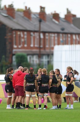 180825 - Wales Women Training Session - The team huddle up during a Wales Women training session ahead of their first Women’s Rugby World Cup match against Scotland
