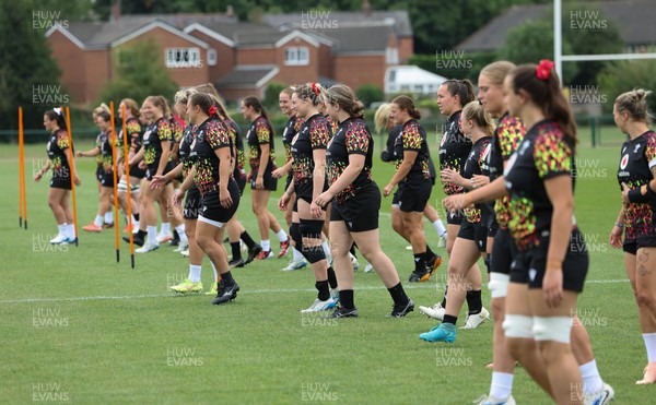 180825 - Wales Women Training Session - The players warm up during a Wales Women training session ahead of their first Women’s Rugby World Cup match against Scotland