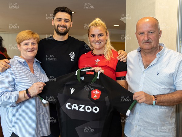 260822 - Wales Women Shirt Presentation - Carys Williams-Morris of Wales with parents Bethan and Wyn and brother Dewi after being presented with her match shirt