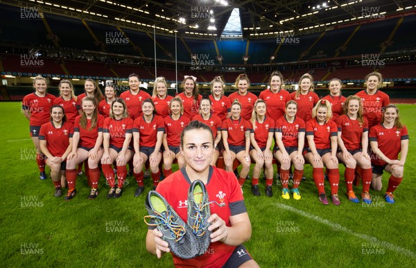 291119 - Wales Women Captains Run, Principality Stadium -  Wales Women captain Siwan Lillicrap with rainbow laces in her boots with the squad at the squad photocall at the Principality Stadium ahead of their match against the Barbarians