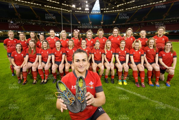 291119 - Wales Women Captains Run, Principality Stadium -  Wales Women captain Siwan Lillicrap with rainbow laces in her boots with the squad at the squad photocall at the Principality Stadium ahead of their match against the Barbarians