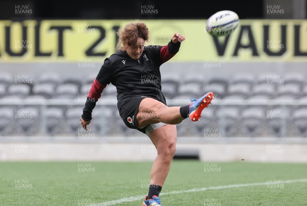 261023 - Wales’ Women Stadium Orientation and Kickers Session - Lleucu George during a kicking session at the Forsyth Barr Stadium in Dunedin where they will play New Zealand in WCV1 on Saturday