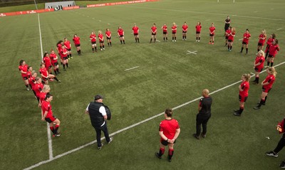 010421 - Wales Women Rugby Squad Training - Wales mens head coach Wayne Pivac speaks to the Wales Women' s squad after their training session ahead of the start of the Women's Six Nations