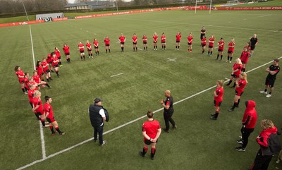 010421 - Wales Women Rugby Squad Training - Wales mens head coach Wayne Pivac speaks to the Wales Women' s squad after their training session ahead of the start of the Women's Six Nations