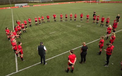 010421 - Wales Women Rugby Squad Training - Wales mens head coach Wayne Pivac speaks to the Wales Women' s squad after their training session ahead of the start of the Women's Six Nations