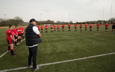 010421 - Wales Women Rugby Squad Training - Wales mens head coach Wayne Pivac speaks to the Wales Women' s squad after their training session ahead of the start of the Women's Six Nations