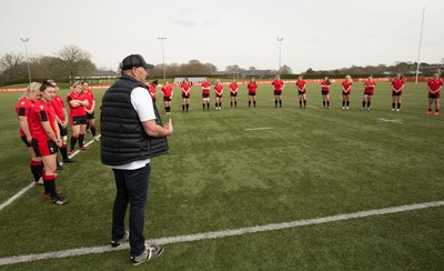 010421 - Wales Women Rugby Squad Training - Wales mens head coach Wayne Pivac speaks to the Wales Women' s squad after their training session ahead of the start of the Women's Six Nations