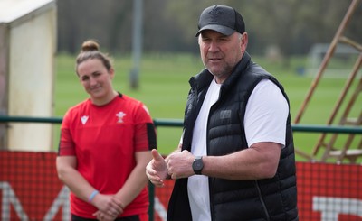 010421 - Wales Women Rugby Squad Training session - Wales Women's head coach Warren Abrahams, left, chats with with Wales mens head coach Wayne Pivac after the women's training session ahead of the start of the Women's Six Nations