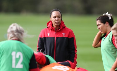 010421 - Wales Women Rugby Squad Training session - Assistant coach Sophie Spence during training session ahead of the start of the Women's Six Nations 