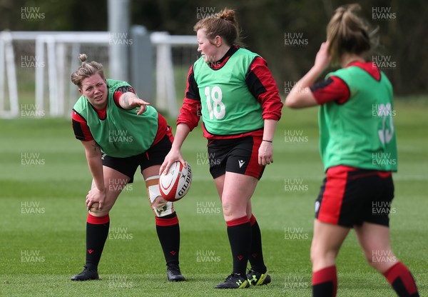 010421 - Wales Women Rugby Squad Training session - Donna Rose, left with Caryl Thomas of Wales during  training session ahead of the start of the Women's Six Nations