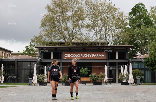 250423 - Wales Women Rugby Training Session - Alisha Butchers and Elinor Snowsill arrive at Parma Rugby Club for a training session ahead of the TicTok Women’s 6 Nations match against Italy