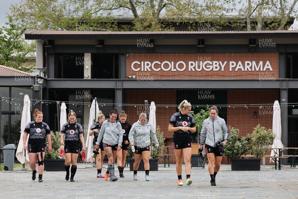 250423 - Wales Women Rugby Training Session - Members of the Wales Women’s team arrive at Parma Rugby Club for a training session ahead of the TicTok Women’s 6 Nations match against Italy