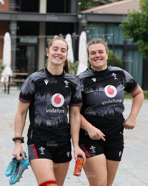 250423 - Wales Women Rugby Training Session - Lisa Neumann and Carys Phillips arrive at Parma Rugby Club for a training session ahead of the TicTok Women’s 6 Nations match against Italy
