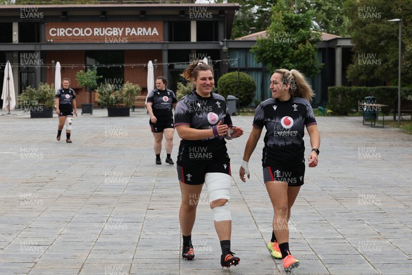 250423 - Wales Women Rugby Training Session - Gwenllian Pyrs and Courtney Keight arrive at Parma Rugby Club for a training session ahead of the TicTok Women’s 6 Nations match against Italy