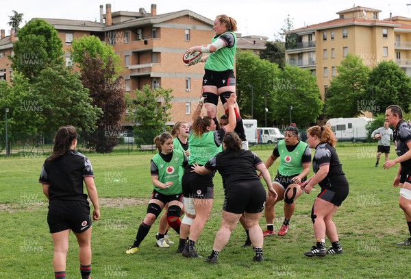 250423 - Wales Women Rugby Training Session - Abbie Fleming of Wales takes the line out ball during a training session at Parma Rugby Club ahead of the TicTok Women’s 6 Nations match against Italy