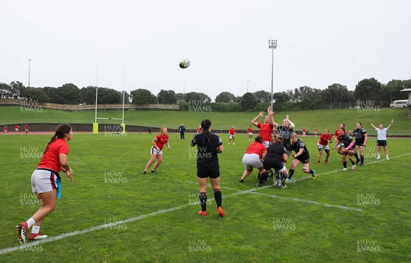 300922 - Wales Women Rugby Training Session - Wales and USA contest a line out  during a combined training session ahead of the start of the Women’s Rugby World Cup