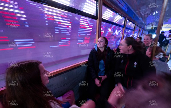 131023 - Members of the Wales Women squad take the Wellington Tram to the overlook the city as they get some down time after their first training session in New Zealand Left to right, Kate Williams, Nel Metcalfe and Kat Evans