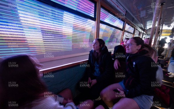 131023 - Members of the Wales Women squad take the Wellington Tram to the overlook the city as they get some down time after their first training session in New Zealand Left to right, Kate Williams, Nel Metcalfe and Kat Evans