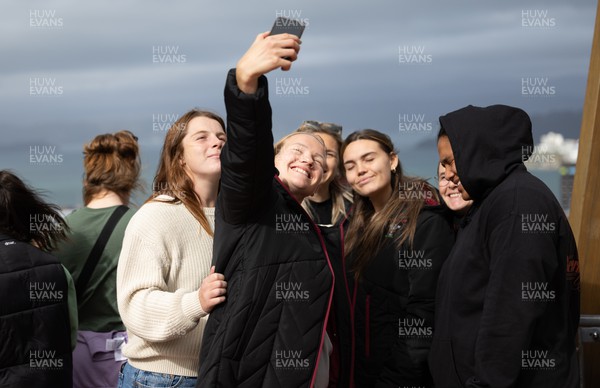 131023 - Members of the Wales Women pose for a photograph overlooking Wellington as they get some down time after their first training session in New Zealand Left to right, Kate Williams, Carys Cox, Hannah Bluck, Bryonie King, Kate and Sisilia Tuipulotu