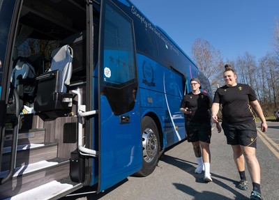 200325  Wales Women Rugby Squad travel to Edinburgh - Carys Phillips and Donna Rose make their way to the bus as Wales head to Edinburgh for the opening match of the Women’s 6 Nations against Scotland