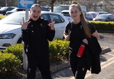 200325  Wales Women Rugby Squad travel to Edinburgh - Jasmine Joyce and Hannah Jones make their way to the bus as Wales head to Edinburgh for the opening match of the Women’s 6 Nations against Scotland