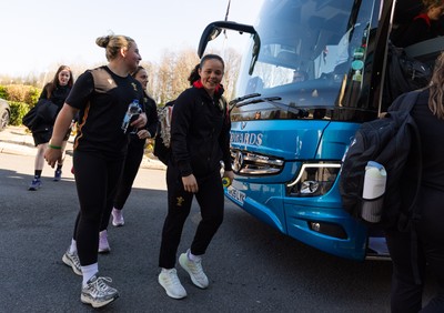 200325  Wales Women Rugby Squad travel to Edinburgh - Molly Reardon, Jenni Scoble and Meg Davies make their way to the bus as Wales head to Edinburgh for the opening match of the Women’s 6 Nations against Scotland