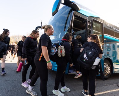 200325  Wales Women Rugby Squad travel to Edinburgh - Molly Reardon, Jenni Scoble and Meg Davies make their way to the bus as Wales head to Edinburgh for the opening match of the Women’s 6 Nations against Scotland